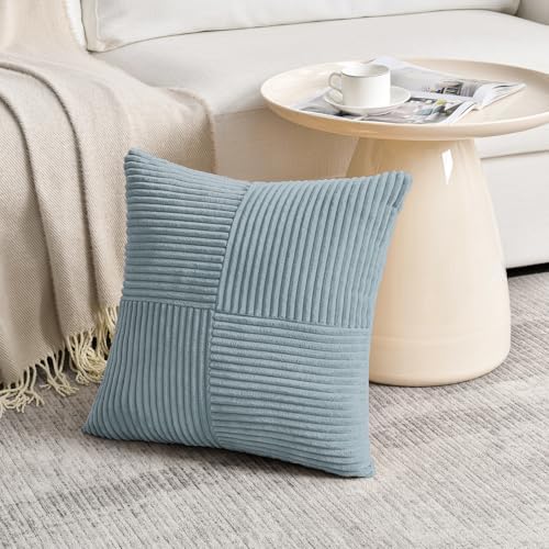 Fancy Homi Set of 2 Light Blue Decorative Throw Pillow Covers 16x16 Inch for Living Room Couch Bed, Rustic Farmhouse Boho Home Decor, Soft Striped Corduroy Textured Square Cushion Case 40x40 cm - Image 2