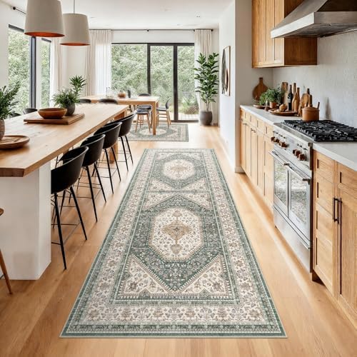 3x7 Washable Hallway Runner Rug - Non-Slip Vintage Kitchen Rugs Green Beige - Image 2