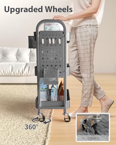 ALVOROG 3 Tier Metal Rolling Utility Cart with Pegboards,Baskets,Hooks,Gray - Image 4
