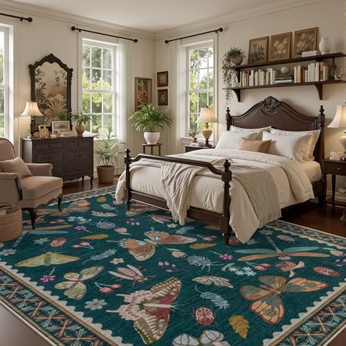 8x10 Area Rug Living Room: Soft Floral Washable Boho Carpet Teal - Image 3
