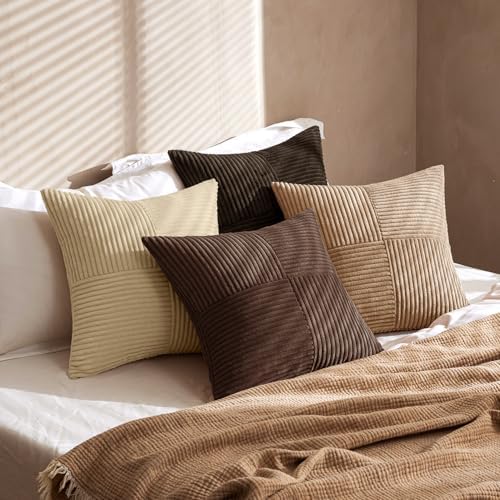MIULEE Boho Decorative Throw Pillow Covers 18x18 Set of 4 Farmhouse Neutral Cushion Cases Gradient Corduroy Pillow Cases Modern Soft Corduroy Patchwork Home Decor for Couch Sofa Bedroom Dark Brown - Image 4