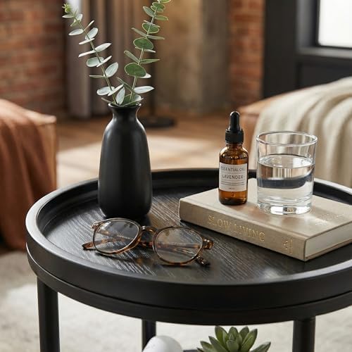Small Round Side Table with Tray Top, 11.8" Narrow End Table, Black - Image 2