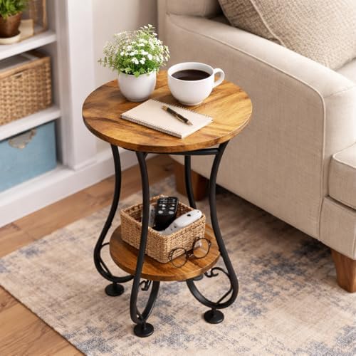 X-cosrack Small Round Side Table with Lower Shelf for Small Spaces, Compact End Table for Sofa, Bedside Nightstand, Coffee & Drink Table for Living Room, Bedroom, Balcony - Image 2