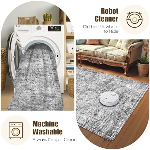 Washable Area Rug 4' x 6' Vintage Traditional Persian Mat - Foldable Distressed Non-Slip Machine Washable Carpet for Living Room Bedroom Kitchen Home Decor - Graphite and Mist - Image 7