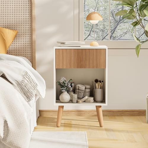 Fluted Nightstand, Modern Bedside Table with Storage Drawers and Open Wood Shelf, Night Stand with Solid Wood Legs, End Tables Side Tables for Living Room, Bedroom - Image 7