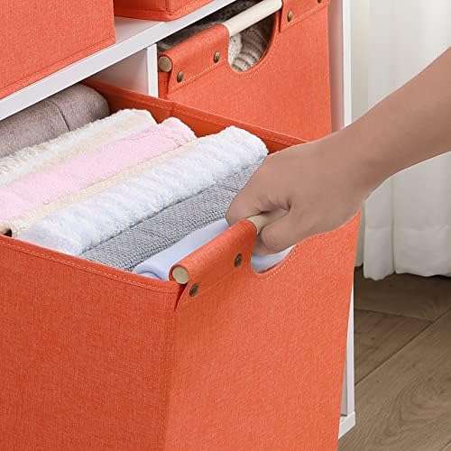 HOONEX Large Collapsible Storage Bins, Linen Fabric, Pack of 2, Storage Baskets with Wooden Carry Handles and Sturdy Heavy Cardboard, for Home, Office, Car, Nursery, Orange - Image 5