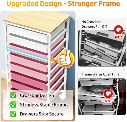 SUNALLY Rolling Cart With 8 Drawers, Storage Drawer Cart for Craft Art,Pink - Image 3