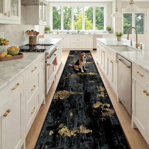 RELEANY Washable Runner 2'6"x12' Abstract Area Rug for Hallway Black Gold by RELEANY