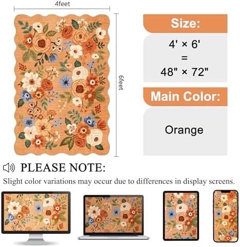 DUKINO 4x6 Area Rug, Non Slip Floral Washable Rug for Living Room, Orange - Image 2