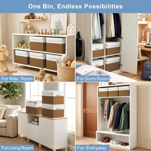 Large 17" 42 Quarts Collapsible Stackable Storage Bins with Lids [3-Pack] Foldable Fabric Linen Storage Boxes Cube, Closet Organizer Baskets with Label for Home (16.7 x 12 x 12", Brown & White) - Image 4