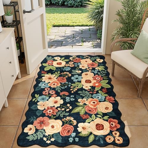 DUKINO 3x5 Area Rugs, Non Slip Floral Washable Rug for Bedroom, Navy Blue by DUKINO