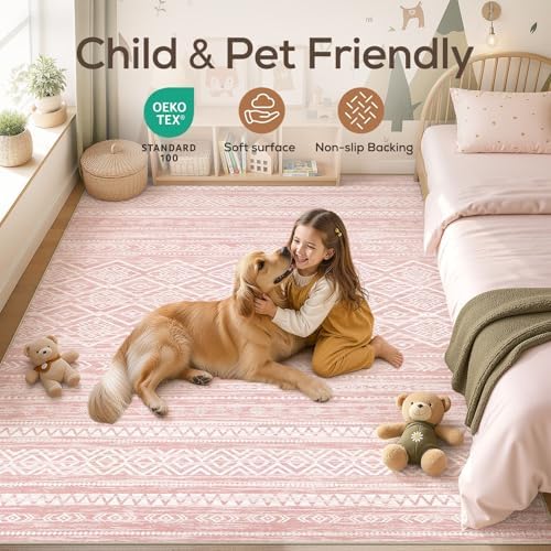 Nakagishi Area Rug Living Room Rugs: 5x7 Large Soft Machine Washable Boho Moroccan FarmNeutral Stain Resistant Indoor Floor Carpet for Bedroom Under Dining Table Home Office Decor-Pink - Image 4