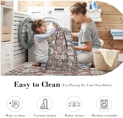 RUGSURE Washable Area Rugs - Perfect for Living Room, Bedroom, Kids Room, Nursery - Stain & Water Resistant Non-Slip, Pet & Child Friendly, Vintage Tribal Area Rugs (Rust and Bule, 2'6'' x 8') - Image 7