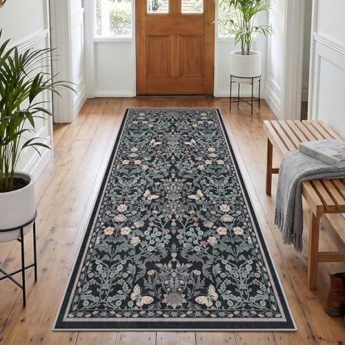 Puino 3x7 Washable Runner Rug - Non Slip Small Rugs Floral Dark Blue - Image 4
