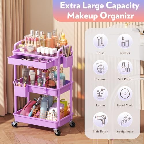 SUNALLY Makeup Cart Organizer with Drawer,3 Tier Rolling Makeup Cart,Purple - Image 4