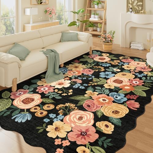 DUKINO 5x8 Washable Area Rug, Soft Floral Living Room Rug Non Slip, Black - Image 6