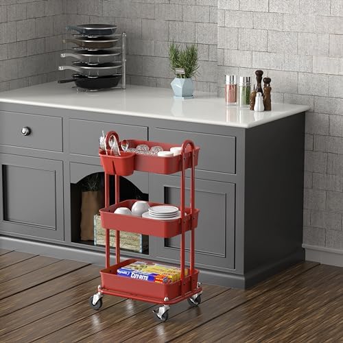 Simple Houseware 3-Tier Rolling Utility Cart with Hanging Bucket, Red - Image 4
