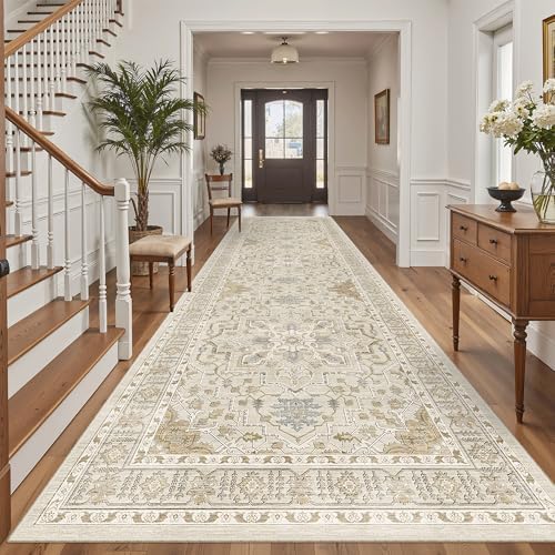 Madane 4x12 Wide Hallway Runner Rug Washable for Living Room, Beige/Blue by Madane