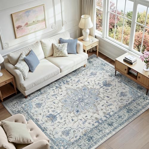 RELEANY Washable Area Rug, 5'x7', Blue/White/Gray - Image 3
