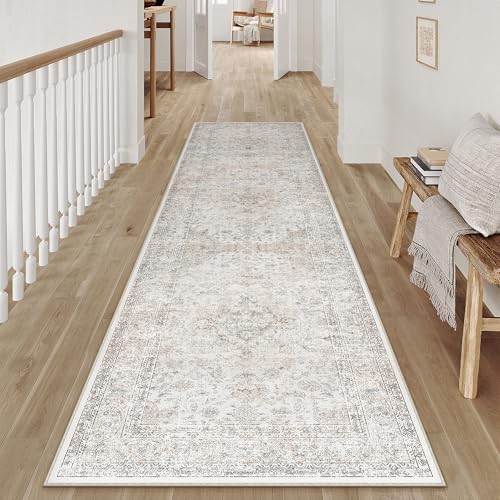 3x8 Washable Runner Rug Beige Grey Non Slip Vintage Carpet - Image 3
