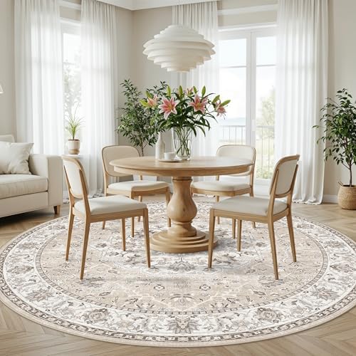 Washable 8ft Round Area Rug - Living Room Oriental Non Slip Soft Rugs Indoor Low Pile Stain Resistant Carpet for Bedroom Dining Room Farmhouse Distressed Thin Home Decor Floor Mat(8Round,Beige) - Image 2