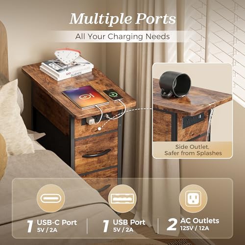 Huuger Narrow End Table with Charging Station, Side Table with 2 Drawers - Image 5