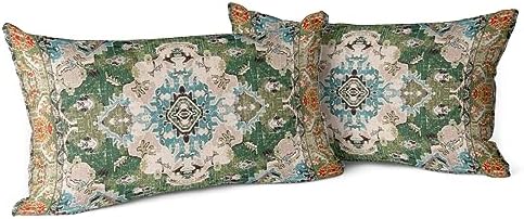 Snycler Boho Throw Pillow Covers 12x20 inch Set of 2 Boho Rug Carpet Double Sided Pattern Cotton Soft Pillow Case Cushion Cover Pillowcase for Couch Sofa Bed Decorative (Green) by Snycler