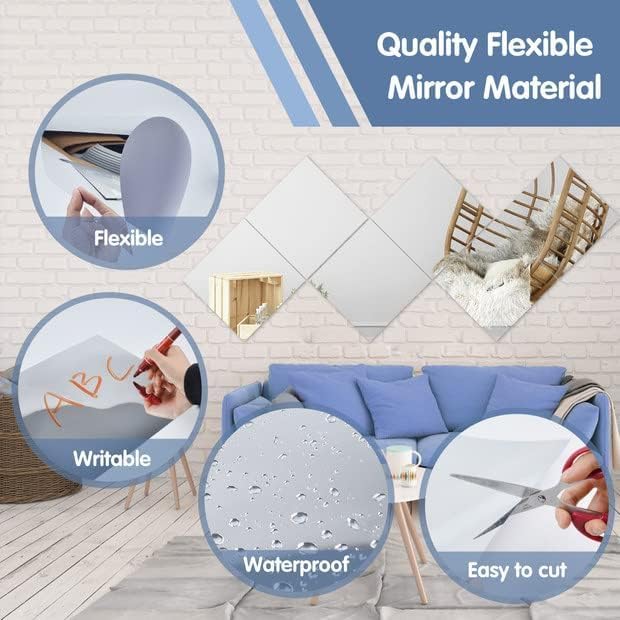 12 Pcs Flexible Mirror Sheets Stickers, Non Glass Safety Reflective Mirror, 12 x 12 in Self Adhesive Square Cuttable Mirror Wall Stickers for DIY Craft Home Wall Decoration - Image 3