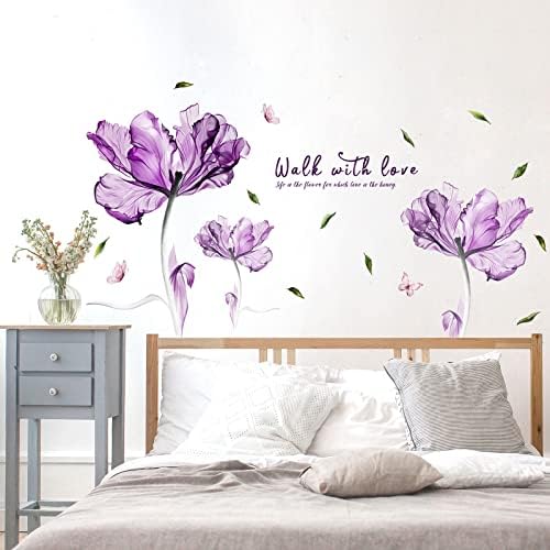 Flowers Wall Sticker Watercolor Purple Floral Wall Decal DIY Butterfly Flower Art Decor Stickers Floral Quotes Saying Wall Decals Mural for Nursery Bedroom Kids Room - Image 3