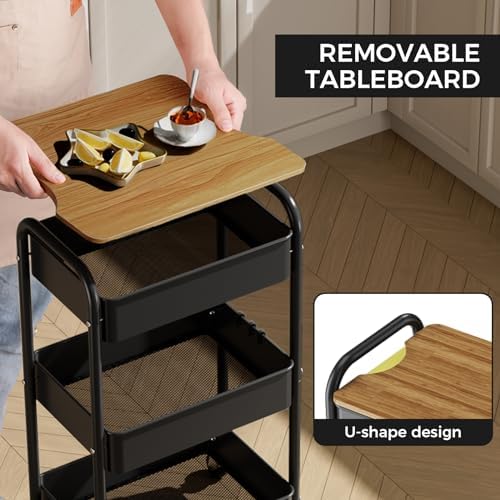3-Tier Rolling Cart with Table Top, Metal Utility Cart on Wheels - Image 3