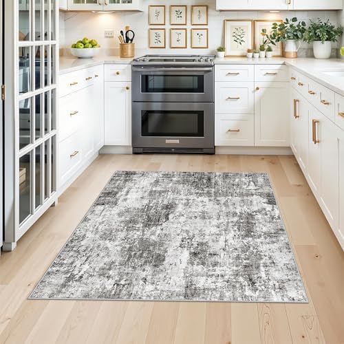 4x4 Square Entryway Rug Washable – Non-Slip Small Area Rug for Kitchen or Bathroom, Soft Low-Pile Indoor Mat, Modern Abstract Thin Door Carpet (Grey) - Image 3