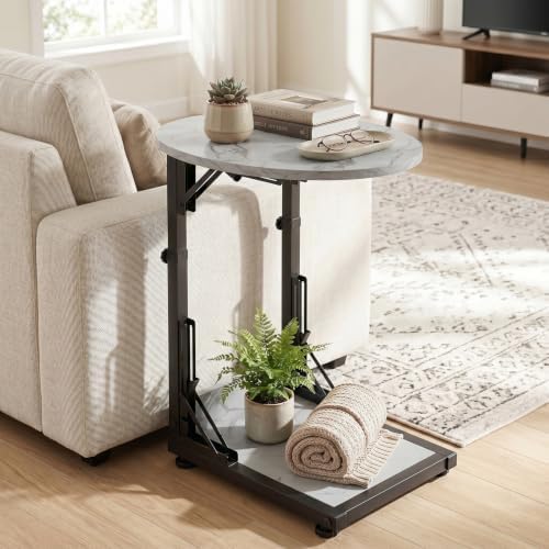 Folding Side Table, C Shaped End Table with Metal Frame, Round Couch Table & Slide Under Sofa TV Tray Table for Living Room, Bedroom, Small Spaces (Marble White) - Image 2
