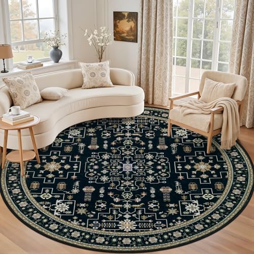 Round Area Rug for Living Room: 6ft Washable Rug for Bedroom Black by EXPEDIX