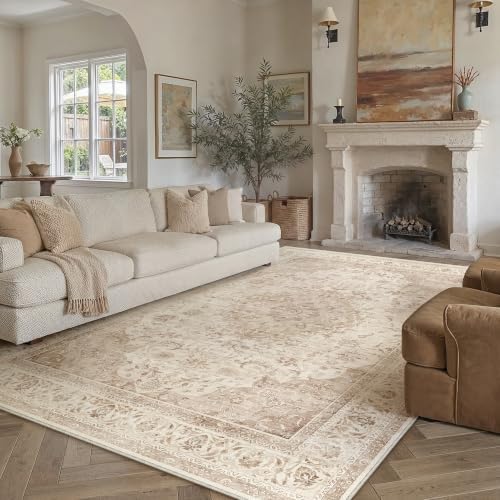 9x12 Beige Washable Area Rug Non Slip Vintage Carpet by WondRg