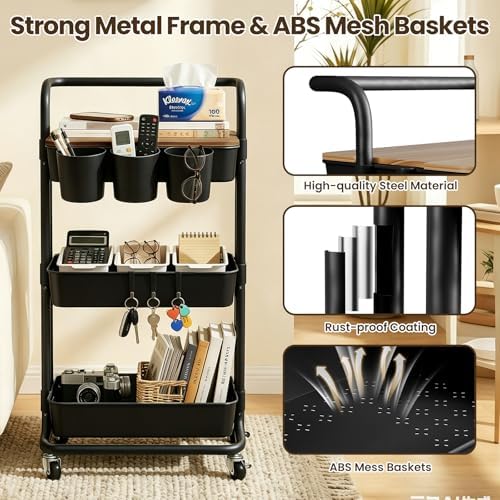 3 Tier Rolling Cart - Utility Cart with Table Top, Storage Organizer - Image 3