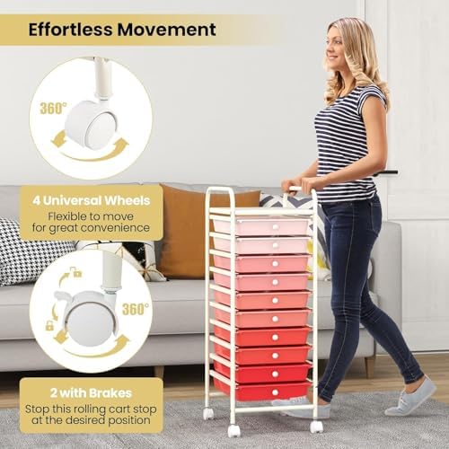 10-Drawer Rolling Storage Cart, Trolley w/Lockable 360° Wheels, 10 Removable PP Drawers, Sturdy Metal Frame, Rolling Utility Cart Perfect for Home, Office, Classroom (Mixed Pink) - Image 3