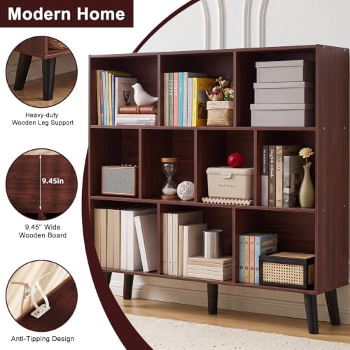 YAHARBO 10 Cube Walnut Bookshelf,3 Tier Book Shelf with Legs,Modern Minimalist Bookcase,Open Book Shelves Storage Organizer,Frees Standing Wooden Display Bookcases for Small Space,Bedroom,Living Room - Image 5