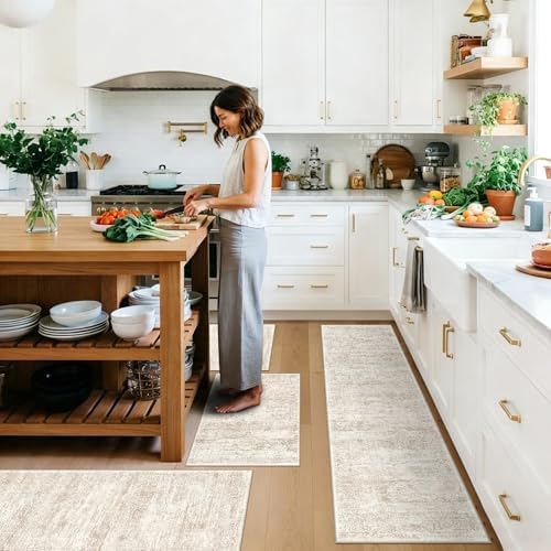 4 Piece Washable Kitchen Rug Set, Non Slip Kitchen Mats for Floor Stain Resistant Waterproof Kitchen Sink Rug Set for Kitchen, Floor, Office(Cream Beige, 2x3+2x4+2x5+2x6) by BYYVOORugsforYourHome