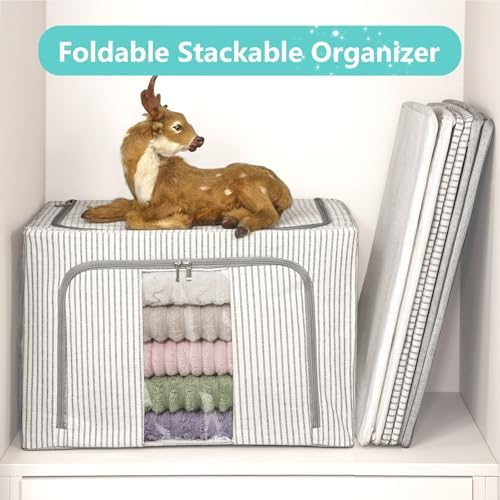 3 Pack Clothes Storage Bins, Foldable Metal Frame Storage Box with Lids,Stackable Linen Fabric Organizer Set with Carrying Handles,Zippers,and Clear Window (Grey Stripe, 66L) - Image 3