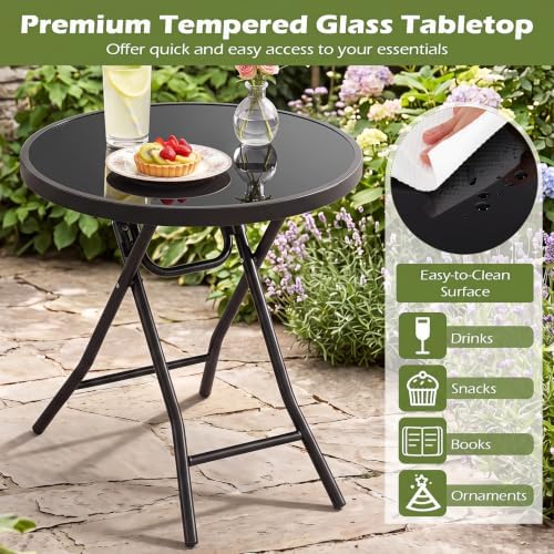 GIANTEX Outdoor Folding Side Table w/Tempered Glass Tabletop & Metal Frame - Image 4