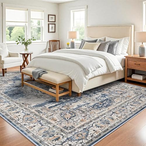Washable Living Room Area Rug: 8x10 Bedroom Rugs - Farmhouse Distressed Printed Floral Carpet - Foldable Non-Shedding Floor Carpet for Dining Room 8'x10' Blue - Image 3