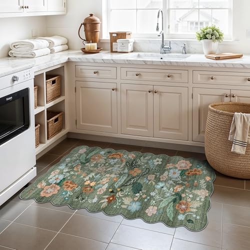 Washable Floral 2x4 Area Rug: Indoor Soft Scalloped Carpet for Entryway Kitchen Non-Slip Water Resistant Bathroom Laundry Floor Mat Low Pile Durable Nursery Door Mat Cute Home Decor(2x4 Floral/Green) - Image 5