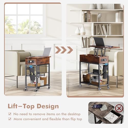 Colima Lift Top End Table with Charging Station and Wheels (Rustic Wood) - Image 6