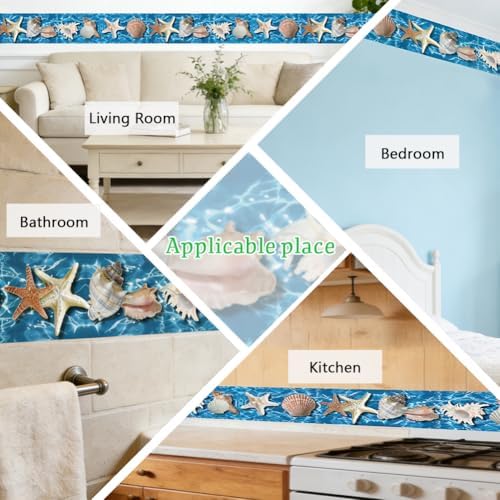 Beach Wallpaper Border Wall Border Trim Peel and Stick 19.7 x 4 Inch Ocean Seashell Starfish Pattern PVC Decorative Molding Stickers for Bathroom Kitchen Backsplash Hotel Home Decoration - Image 7