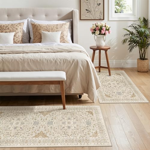 Madane 2-Piece Area Rugs Set, Small Kitchen Runner Non-Slip, Beige/Blue - Image 3