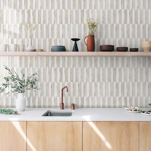 Vamos Tile Peel and Stick Backsplash Seamless Tile for Kitchen and Bathroom,White and Glossy Wooden Marble PVC Mixed Light Gold Self Adhesive Fish Scale Metal Mosaic Tiles (10 Sheets) - Image 2