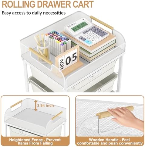 SYKIARIOL 4-Drawer Rolling Storage Cart with Mesh Top,White - Image 5