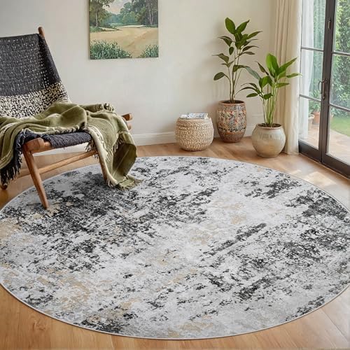 Round Rug 6ft Washable Rug for Dining Room Living Room Black Grey Gold by Aelenmu