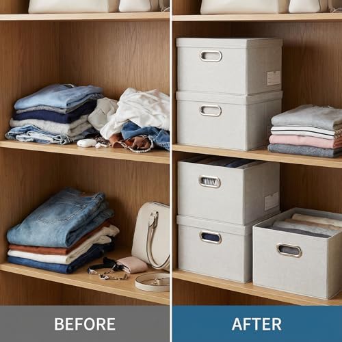 PRANDOM Storage Bins with Lids [3-Pack] Linen Fabric Foldable Storage Boxes Organizer Containers Baskets Cube with Cover for Bedroom Closet Office Beige（11.4X8.6X6.7 - Image 3
