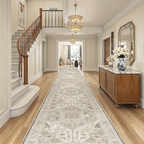 Madane Hallway Runner Rug 3x20 Washable Kitchen Runners 20ft, Ivory/Brown by Madane